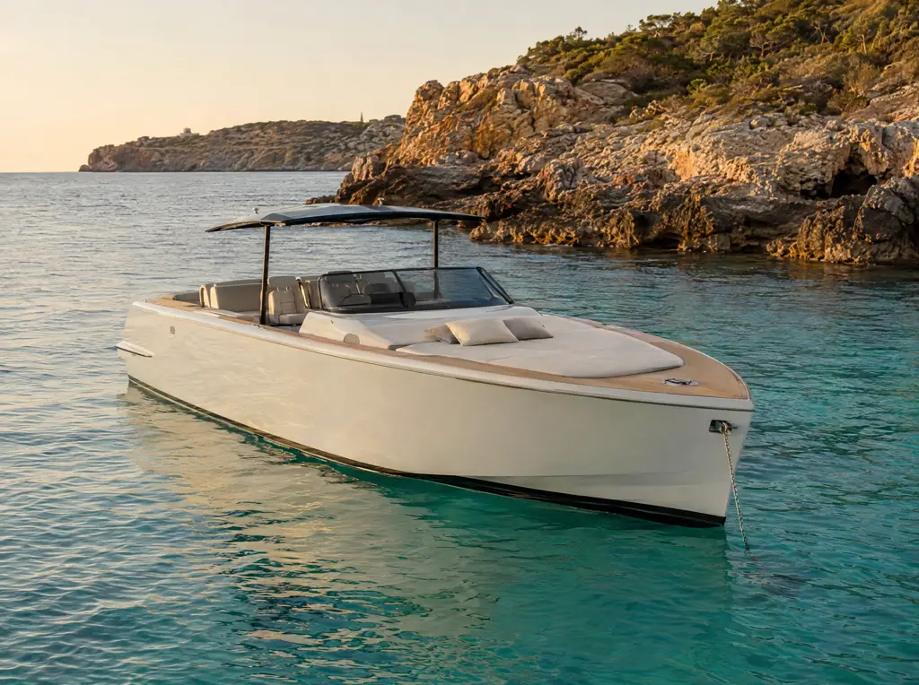 Day boat blanco con cubierta de teca fondeado