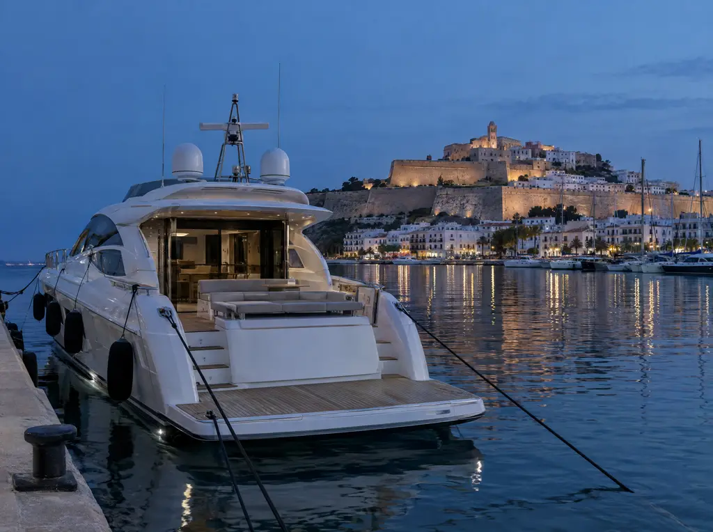Yate amarrado en la marina con Dalt Vila iluminada