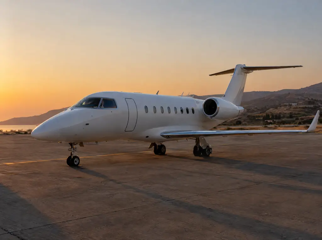 Jet privado en pista al atardecer, sin matrícula