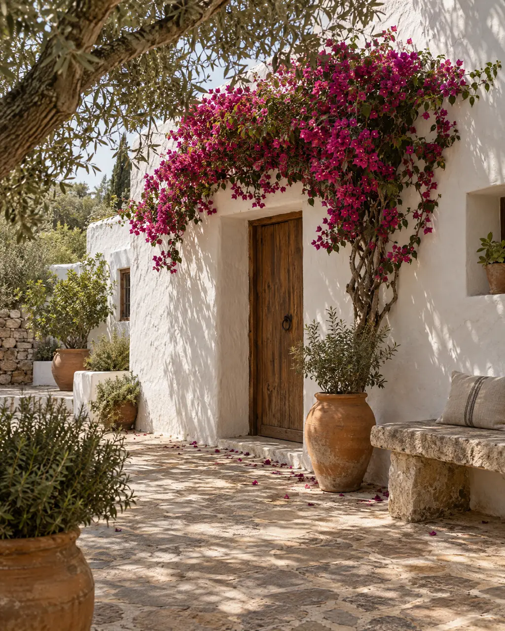 Patio encalado con buganvilla